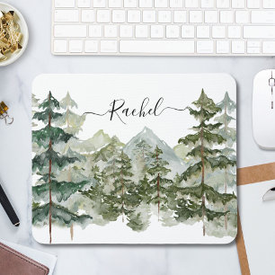Elegantes Wasserfarben-Monogramm Kiefernwald Berg Mousepad