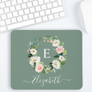 Elegantes Wasserfarben-Rosa-Floral-Salbei-Grün-Mon Mousepad