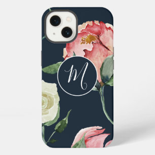 Elegantes Wasserfarben-Rosa-Navy-Monogramm-Blumenm iPhone 13 Hülle
