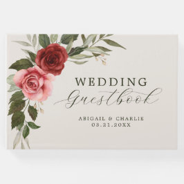 Elegantes Wasserfarben Rosa und Rote Rosen Hochzei Gästebuch