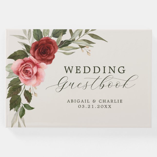 Elegantes Wasserfarben Rosa und Rote Rosen Hochzei Gästebuch (Vorderseite)