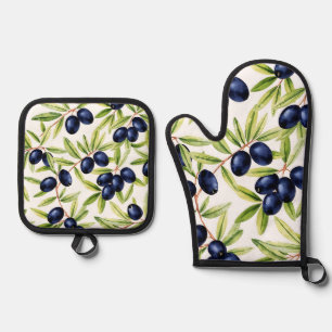 Elegantes Wasserfarben-Schwarzolivier-Nahtloses Mu Ofenhandschuh & Topflappen-Set
