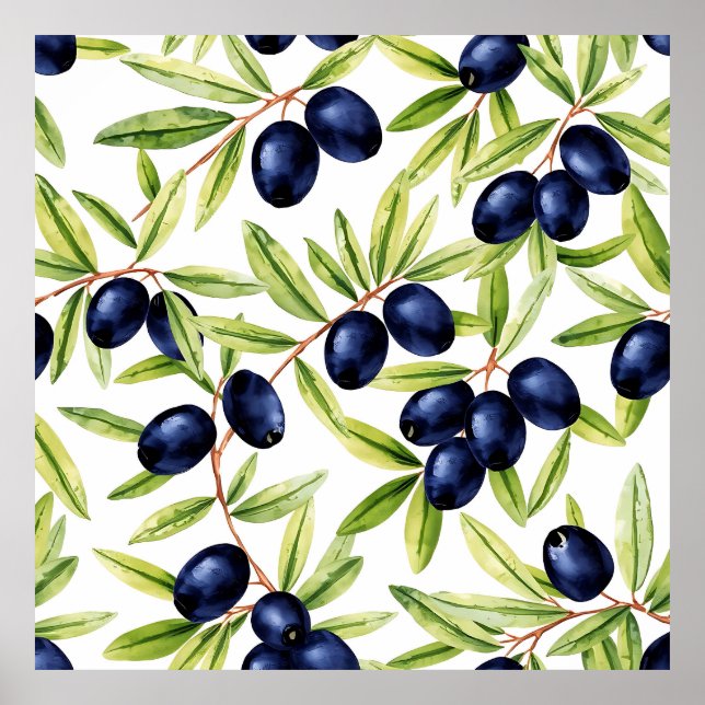 Elegantes Wasserfarben-Schwarzolivier-Nahtloses Mu Poster (Vorne)
