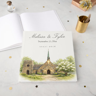 Elegantes Wasserfarben-Stein-Kapelle-Hochzeitsgäst Gästebuch
