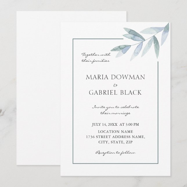 Elegantes Wasserfarbengrün Botanische luftige Hoch Einladung (Vorne/Hinten)