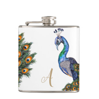 Elegantes Wasserfarbenpfauenmonogramm Flachmann
