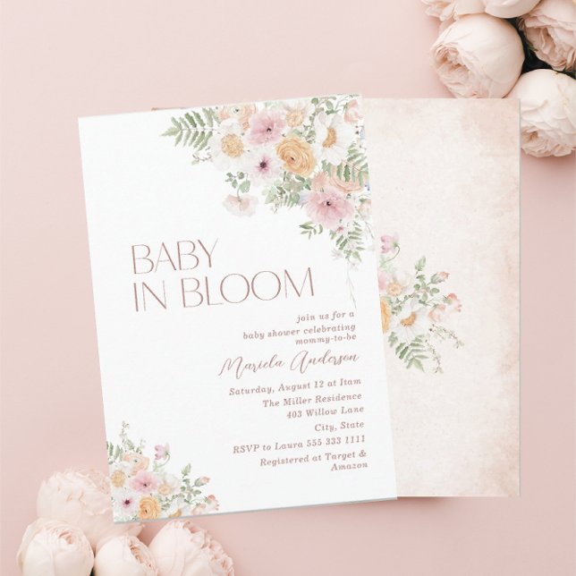 Elegantes Watercolor Baby in Blooom Pink Blume B Einladung (Von Creator hochgeladen)