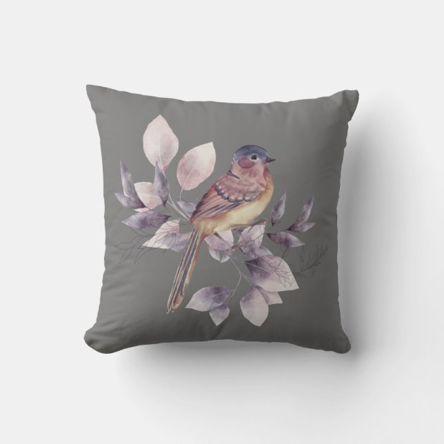 Elegantes Watercolor Bird Gray Throw Kissen (Vorderseite)