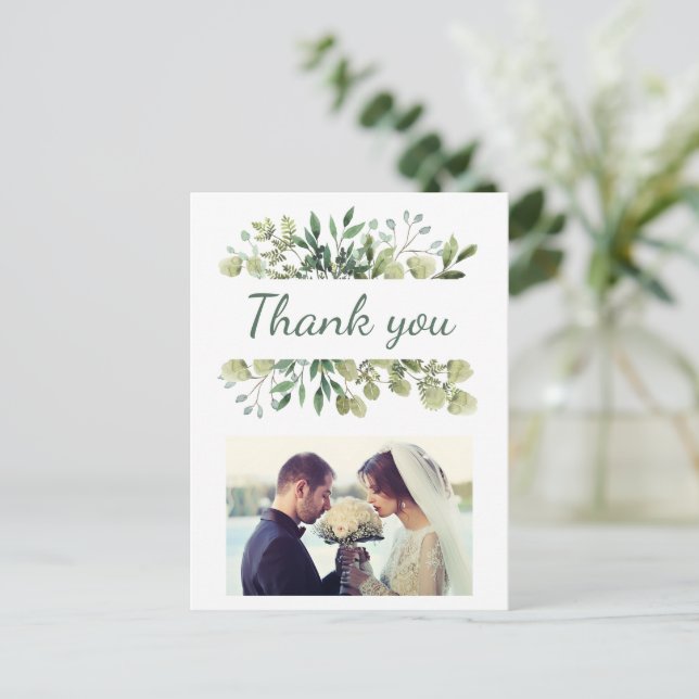 Elegantes Watercolor Blätter Custom Wedding Foto Postkarte (Stehend Vorderseite)