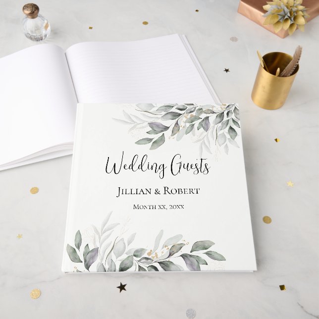 Elegantes Watercolor Blätter Wedding Guest Book Gästebuch (Vorderseite offen)