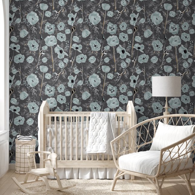 Elegantes Watercolor Blaues Muster Tapete (Elegant Watercolor Blue Poppies Pattern Wallpaper
 from Studio Posies.)