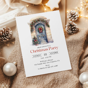Elegantes Watercolor Blue Door Weihnachts-Party Einladung