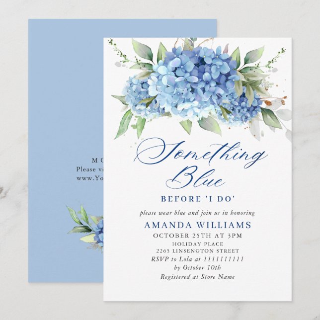 Elegantes Watercolor Blue Hydrangea BRAUTPARTY Einladung (Vorne/Hinten)