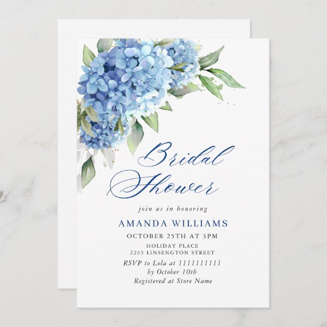 Elegantes Watercolor Blue Hydrangea BRAUTPARTY Einladung (Vorne/Hinten)
