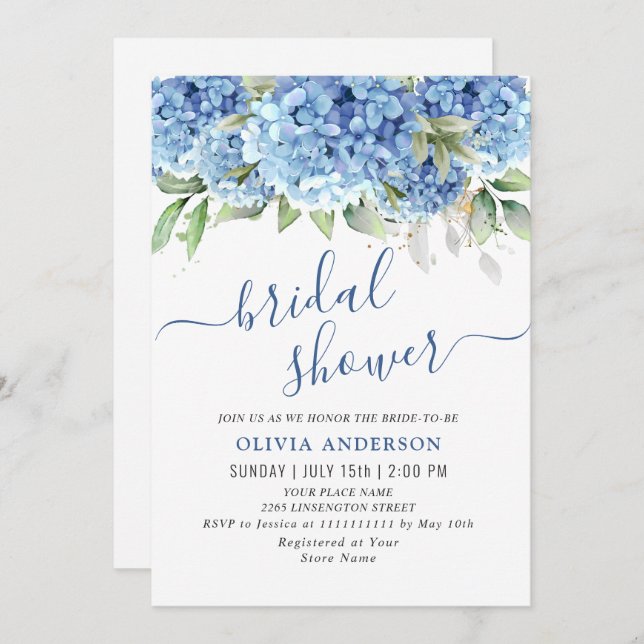 Elegantes Watercolor Blue Hydrangea BRAUTPARTY Einladung (Vorne/Hinten)