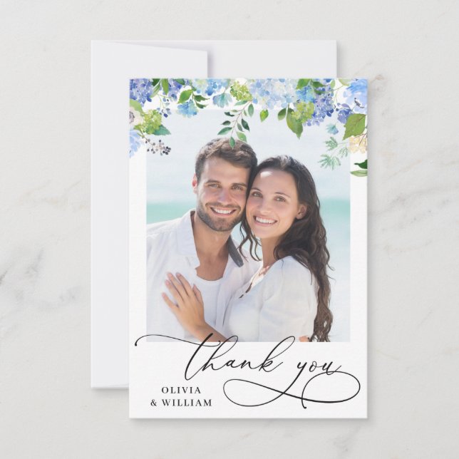 Elegantes Watercolor Blue Hydrangea Foto Dankeskarte (Vorderseite)