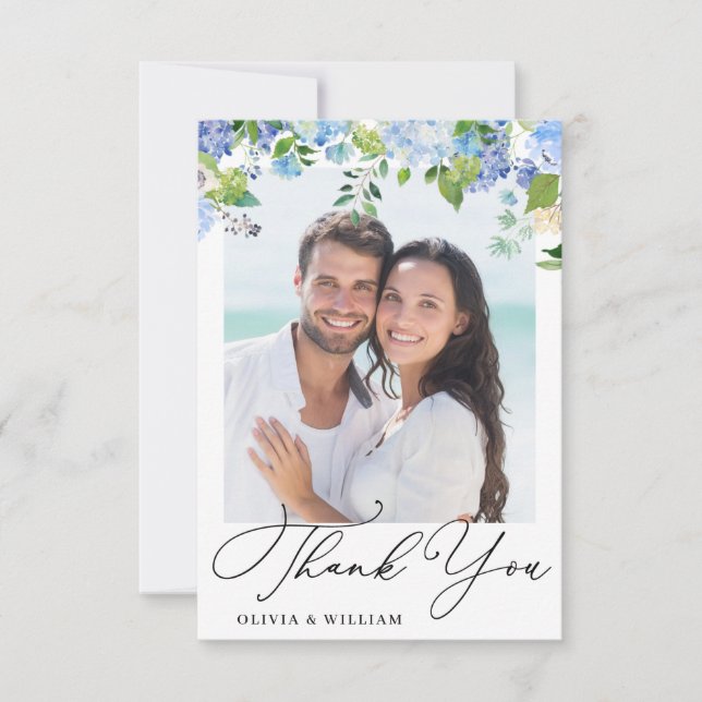 Elegantes Watercolor Blue Hydrangea Foto Dankeskarte (Vorderseite)