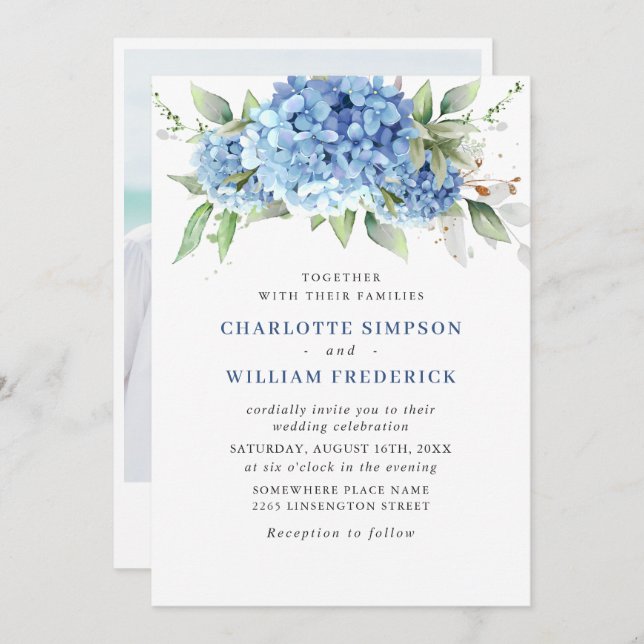 Elegantes Watercolor Blue Hydrangea Foto Hochzeit Einladung (Vorne/Hinten)