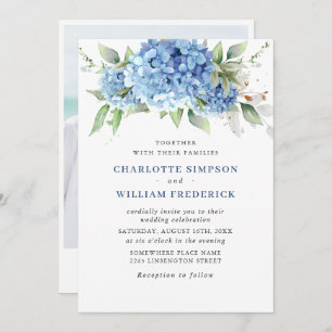 Elegantes Watercolor Blue Hydrangea Foto Hochzeit Einladung