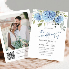 Elegantes Watercolor Blue Hydrangea Foto QR Weddin Einladung