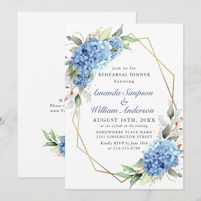 Elegantes Watercolor Blue Hydrangea Probe Abendess Einladung (Vorne/Hinten)