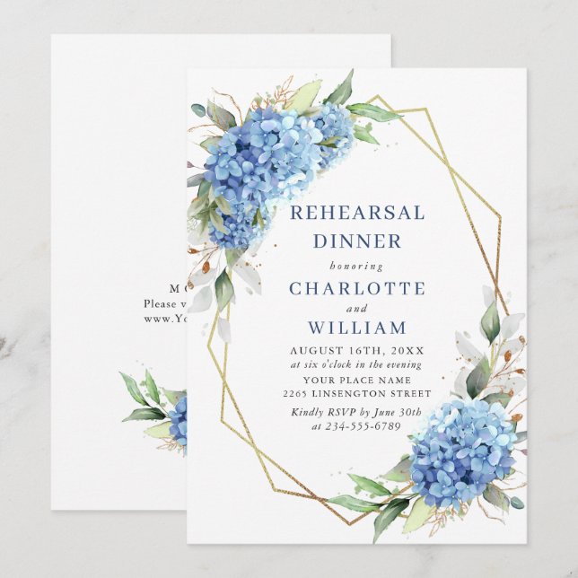 Elegantes Watercolor Blue Hydrangea Probe Abendess Einladung (Vorne/Hinten)