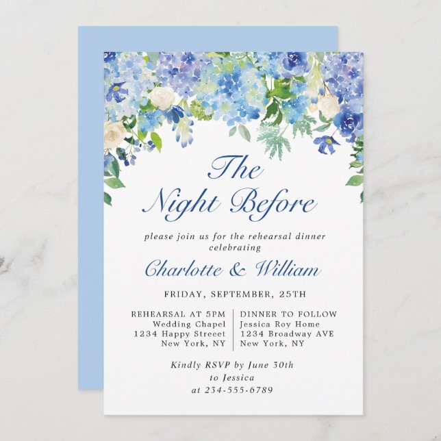 Elegantes Watercolor Blue Hydrangea Probe Abendess Einladung (Vorne/Hinten)