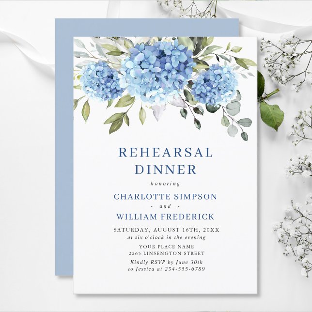 Elegantes Watercolor Blue Hydrangea Probe Abendess Einladung (Von Creator hochgeladen)