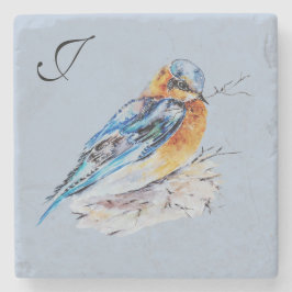 Elegantes Watercolor Bluebird Monogramm Steinuntersetzer