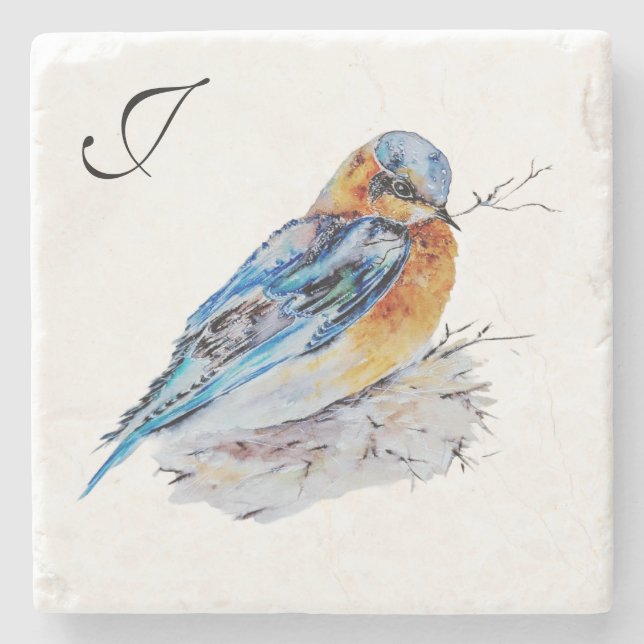 Elegantes Watercolor Bluebird Monogramm Steinuntersetzer (Vorderseite)