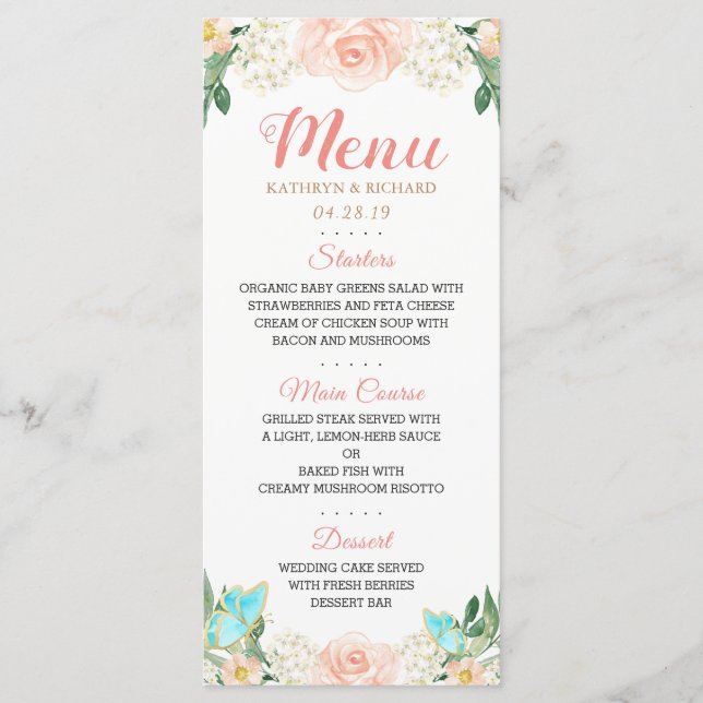 Elegantes Watercolor Blush Peach Floral Wedding Me Menükarte (Vorderseite)
