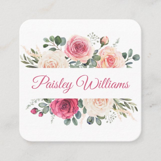 Elegantes Watercolor Blush Rose Blumenschrift Quadratische Visitenkarte (Vorderseite)