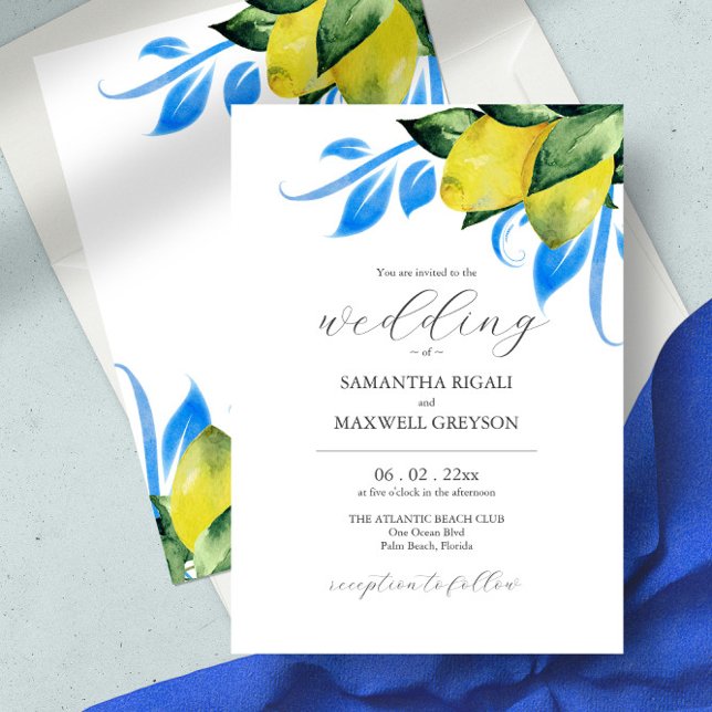 Elegantes Watercolor Botanisches Zitronenmeer Einladung (Italian wedding invitation yellow and blue watercolor lemons)