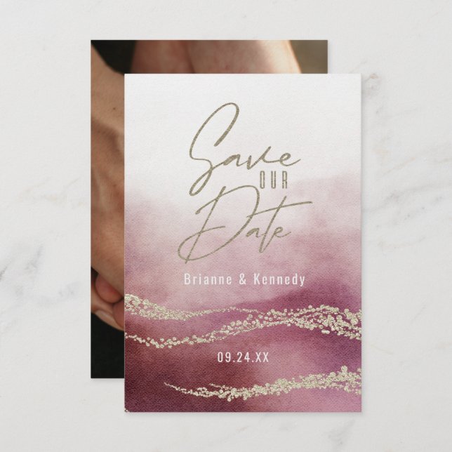 Elegantes Watercolor Burgund & Gold Save the Date (Vorne/Hinten)