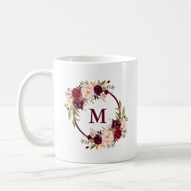 Elegantes Watercolor Burgundy Floral Monogram Kaffeetasse (Links)