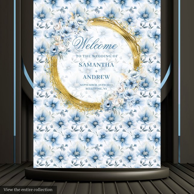 Elegantes Watercolor Dusty Blue Gold Hochzeitsbann Wandteppich (Elegant Watercolor Dusty Blue Gold Wedding Banner Tapestry )
