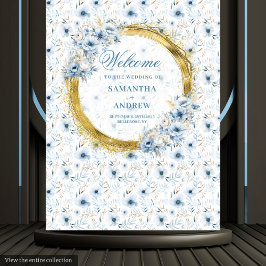 Elegantes Watercolor Dusty Blue Gold Hochzeitsbann Wandteppich