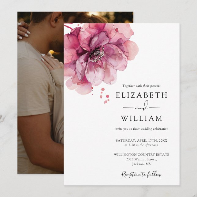 Elegantes Watercolor Dusty Rose Foto Hochzeit Einladung (Vorne/Hinten)
