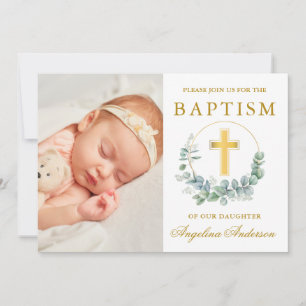 Elegantes Watercolor Eukalyptus Baptism Gold Foto Einladung