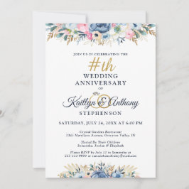 Elegantes Watercolor Floral Anniversary Navy Gold Einladung