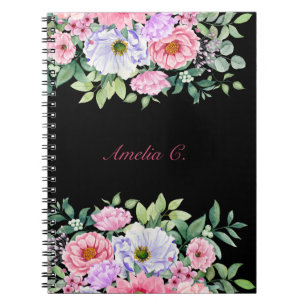 Elegantes Watercolor Floral Bouquet Black Notebook Notizblock