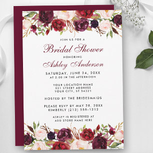 Elegantes Watercolor Floral Burgund Brautparty Einladung