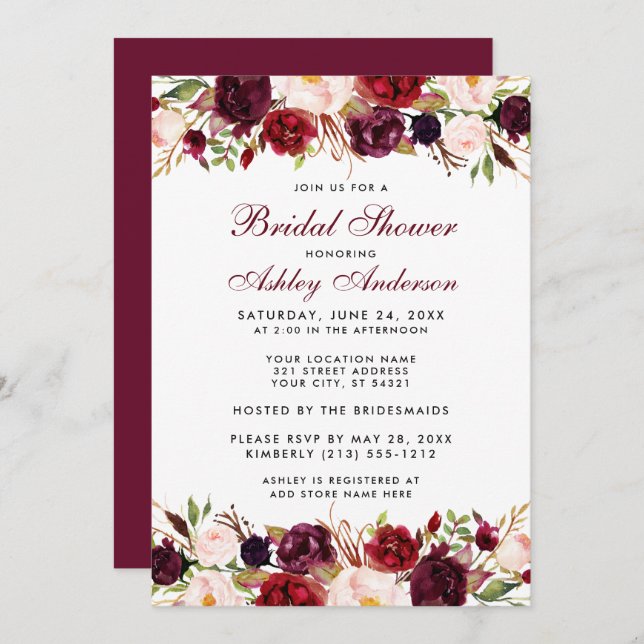 Elegantes Watercolor Floral Burgund Brautparty Einladung (Vorne/Hinten)