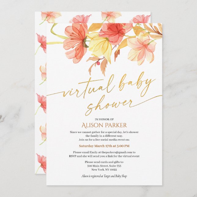 Elegantes Watercolor Floral Gold Script Virtual Einladung (Vorne/Hinten)