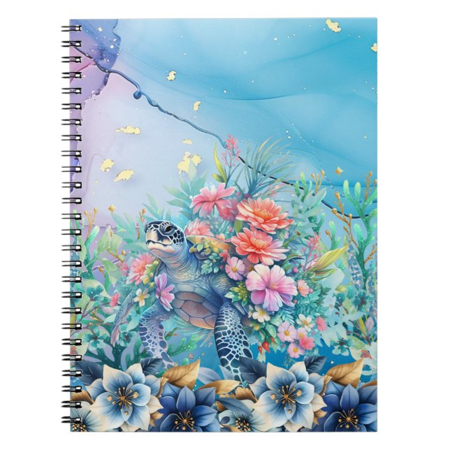 Elegantes Watercolor Floral Sea Turtle Notebook Notizblock (Vorderseite)