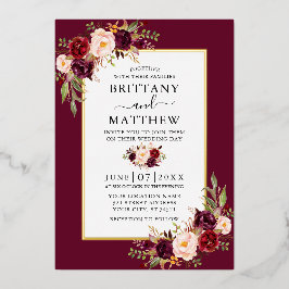 Elegantes Watercolor Floral Wedding Burgundy Gold Folieneinladung