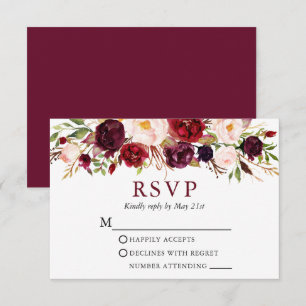 Elegantes Watercolor Floral Wedding Burgundy RSVP Karte