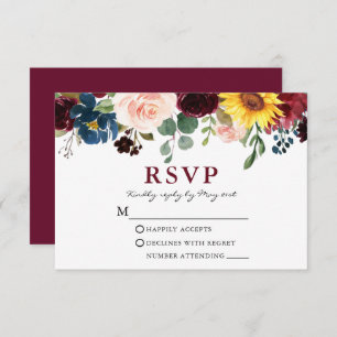 Elegantes Watercolor Floral Wedding Burgundy RSVP Karte