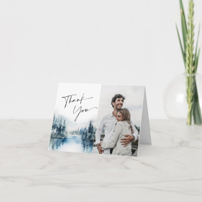 Elegantes Watercolor Foggy Forest Wedding Foto Dankeskarte (Vorderseite)