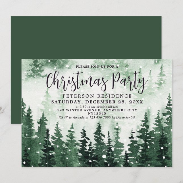 Elegantes Watercolor Forest Weihnachts-Party Einladung (Vorne/Hinten)